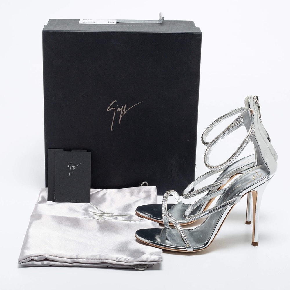 Giuseppe Zanotti Silver Crystal Embellished Leather Alien Ankle Strap Sandals